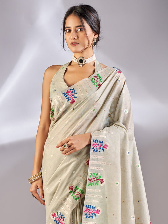 Saree Mall Women's Cotton Blend Grey Woven Design Designer Saree With Blouse Piece-VIHANA87204