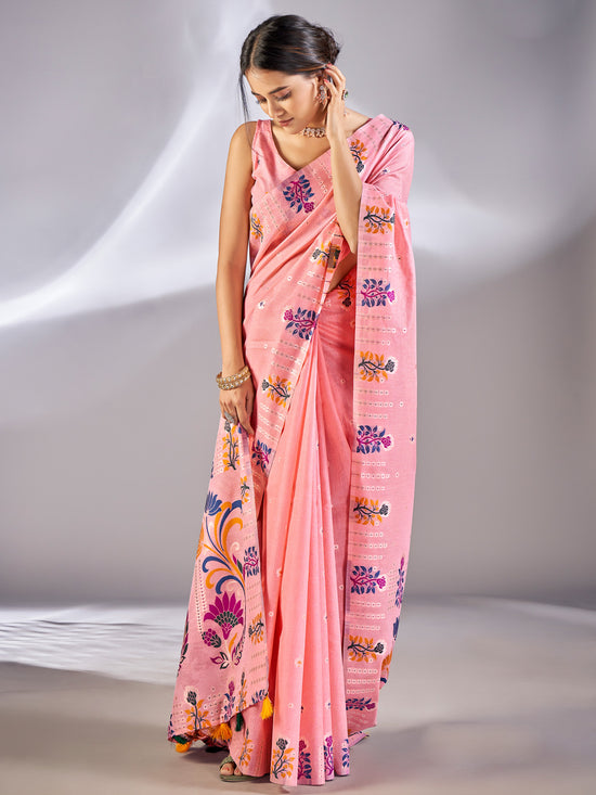 Saree Mall Women's Cotton Blend Pink Woven Design Designer Saree With Blouse Piece-VIHANA87205