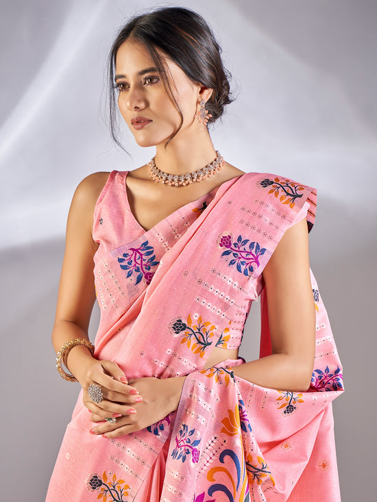 Saree Mall Women's Cotton Blend Pink Woven Design Designer Saree With Blouse Piece-VIHANA87205