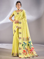 Saree Mall Women's Cotton Blend Lemon Yellow Woven Design Designer Saree With Blouse Piece-VIHANA87206