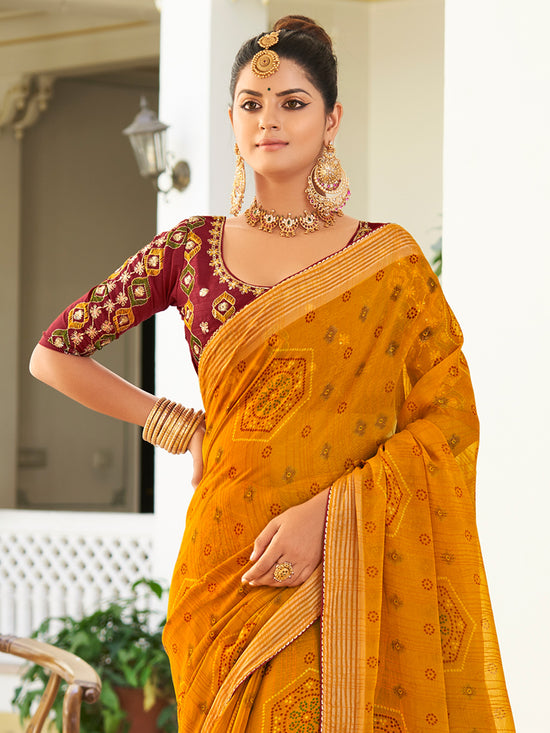 Saree Mall Women's Chiffon Mustard Embellished Designer Saree With Blouse Piece-VISHLA5048