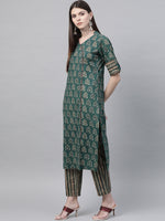 Ahika Women Green Cotton Printed Straight Kurta Pant Set