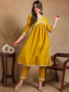 Ahika Women Yellow Silk Blend Embroidered A-Line Kurta Pant Set
