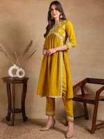 Ahika Women Yellow Silk Blend Embroidered A-Line Kurta Pant Set