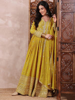 Ahika Women Mustard Georgette Solid Embroidered Anarkali Gown with Dupatta-VKSET1531