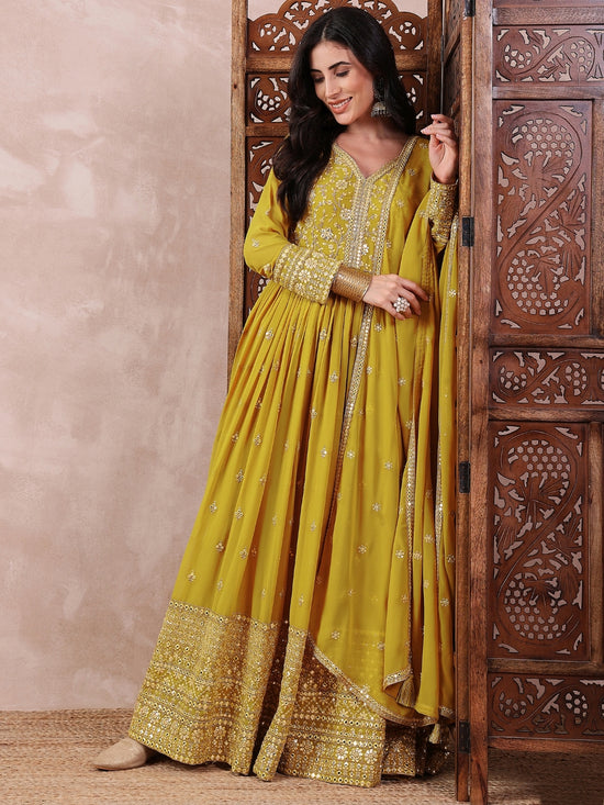 Ahika Women Mustard Georgette Solid Embroidered Anarkali Gown with Dupatta-VKSET1531