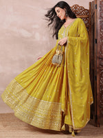 Ahika Women Mustard Georgette Solid Embroidered Anarkali Gown with Dupatta-VKSET1531