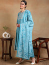 Ahika Women Blue Rayon Blend Embroidered Anarkali Kurta Pant Set