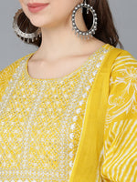 Ahika Women Yellow Rayon Embroidered Anarkali Kurta Pant Set With Dupatta