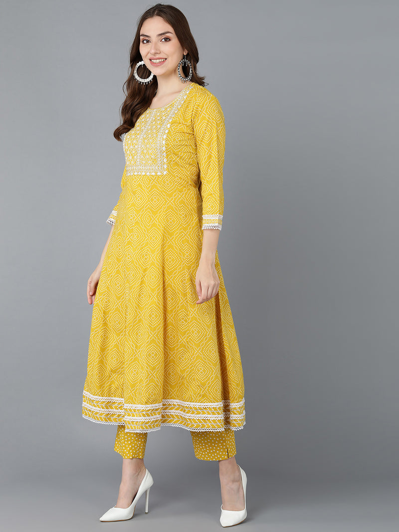 Ahika Women Yellow Rayon Embroidered Anarkali Kurta Pant Set With Dupatta