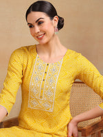 Ahika Women Yellow Viscose Rayon Embroidered Straight Kurta Pant Set
