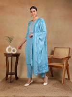 Ahika Women Blue Viscose Rayon Embroidered Straight Kurta Pant Set
