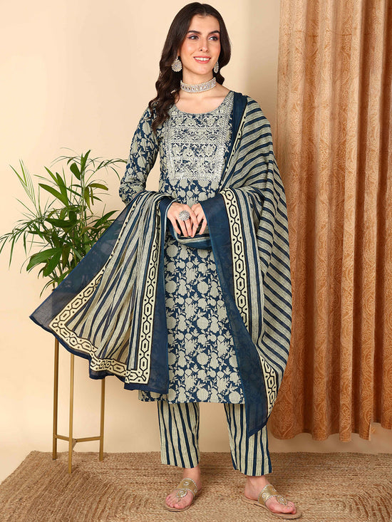 Ahika Women Navy Blue Rayon Blend Floral Embroidered Straight Kurta Trousers With Dupatta-VKSKD2212BLU