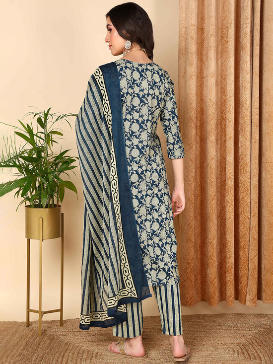 Ahika Women Navy Blue Rayon Blend Floral Embroidered Straight Kurta Trousers With Dupatta-VKSKD2212BLU