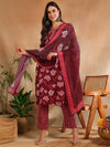 Ahika Women Maroon Rayon Blend Floral Printed Straight Kurta Trouser With Dupatta-VKSKD2236