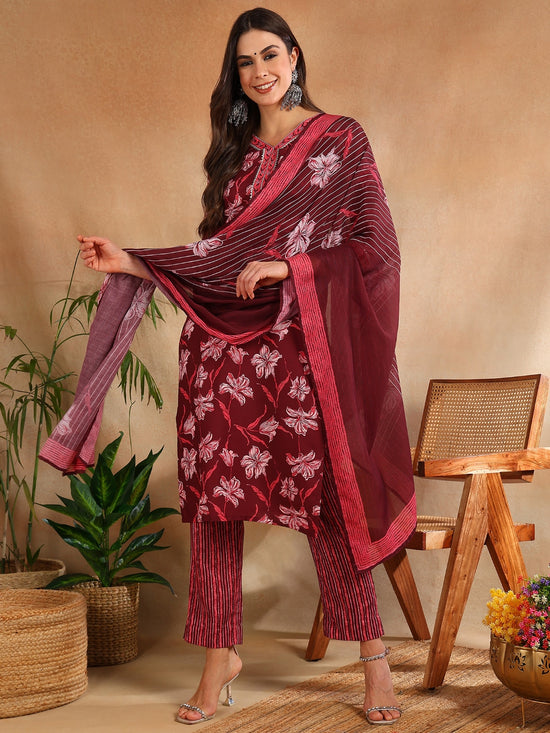 Ahika Women Maroon Rayon Blend Floral Printed Straight Kurta Trouser With Dupatta-VKSKD2236