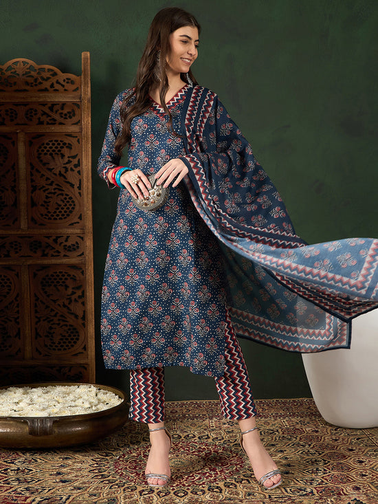 Ahika Women Navy Blue Rayon Blend Floral Printed Straight Kurta Trouser With Dupatta-VKSKD2237