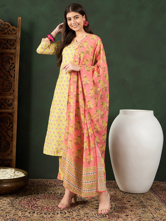 Ahika Women Yellow Rayon Blend Floral Printed Straight Kurta Trouser With Dupatta-VKSKD2238