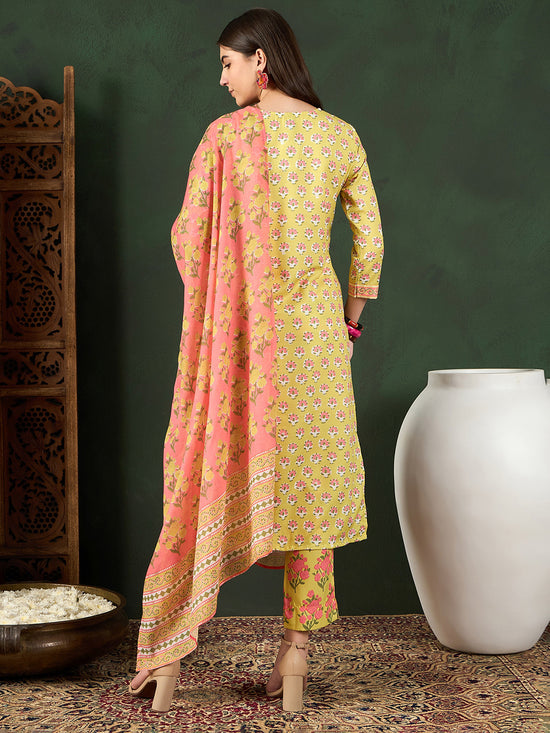 Ahika Women Yellow Rayon Blend Floral Printed Straight Kurta Trouser With Dupatta-VKSKD2238