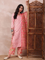 Ahika Women Pink Rayon Blend Floral Printed Straight Kurta Trouser With Dupatta-VKSKD2239