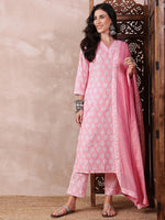 Ahika Women Pink Rayon Blend Floral Printed Straight Kurta Trouser With Dupatta-VKSKD2242