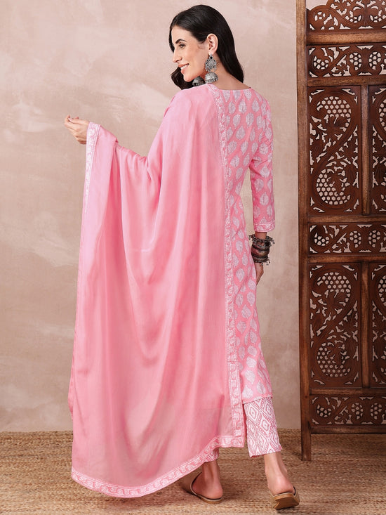 Ahika Women Pink Rayon Blend Floral Printed Straight Kurta Trouser With Dupatta-VKSKD2242