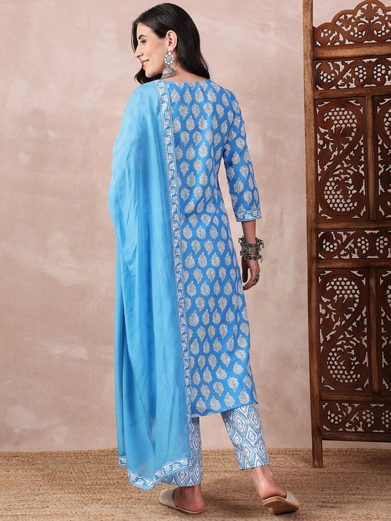 Ahika Women Blue Rayon Blend Floral Printed Straight Kurta Trouser With Dupatta-VKSKD2243