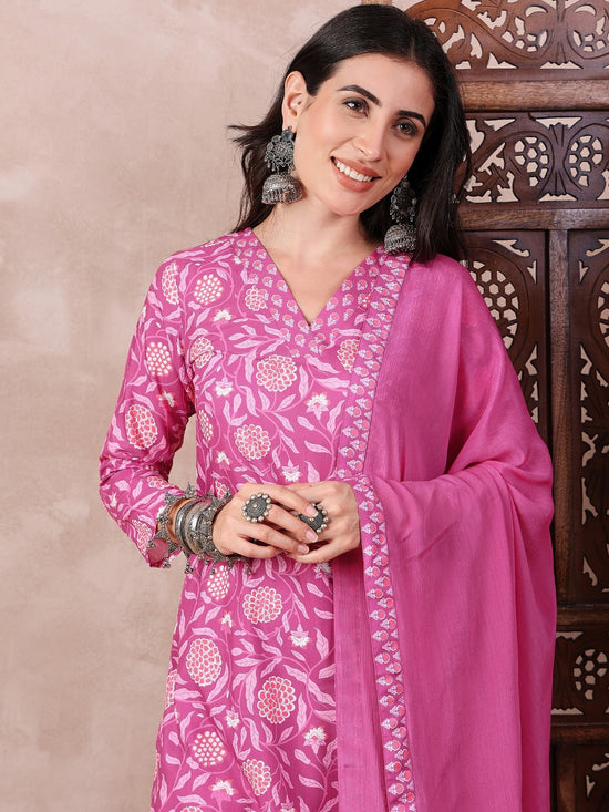 Ahika Women Pink Rayon Blend Floral Printed Straight Kurta Salwar With Dupatta-VKSKD2244