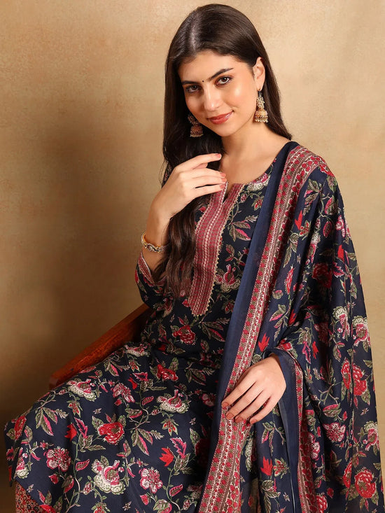 Ahika Women Navy Blue Rayon Blend Floral Printed Straight Kurta Trousers With Dupatta-VKSKD2255