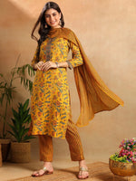 Ahika Women Yellow Rayon Blend Floral Printed Straight Kurta Trousers With Dupatta-VKSKD2256