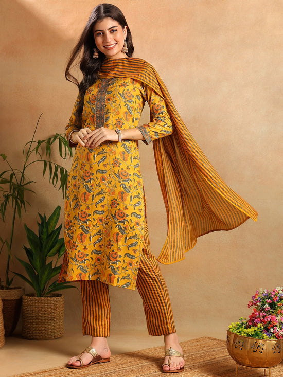 Ahika Women Yellow Rayon Blend Floral Printed Straight Kurta Trousers With Dupatta-VKSKD2256