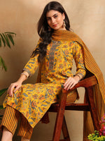 Ahika Women Yellow Rayon Blend Floral Printed Straight Kurta Trousers With Dupatta-VKSKD2256