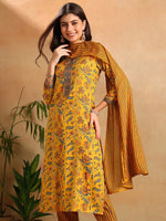 Ahika Women Yellow Rayon Blend Floral Printed Straight Kurta Trousers With Dupatta-VKSKD2256