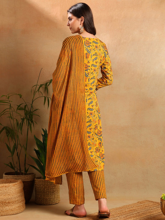 Ahika Women Yellow Rayon Blend Floral Printed Straight Kurta Trousers With Dupatta-VKSKD2256