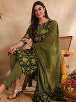 Ahika Women Green Rayon Blend Floral Printed Straight Kurta Trouser With Dupatta-VKSKD2257