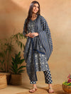 Ahika Women Navy Blue Rayon Blend Floral Printed Straight Kurta Trousers With Dupatta-VKSKD2259