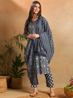 Ahika Women Navy Blue Rayon Blend Floral Printed Straight Kurta Trousers With Dupatta-VKSKD2259