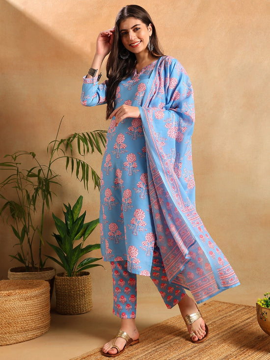 Ahika Women Blue Rayon Blend Floral Printed Straight Kurta Trousers With Dupatta-VKSKD2261