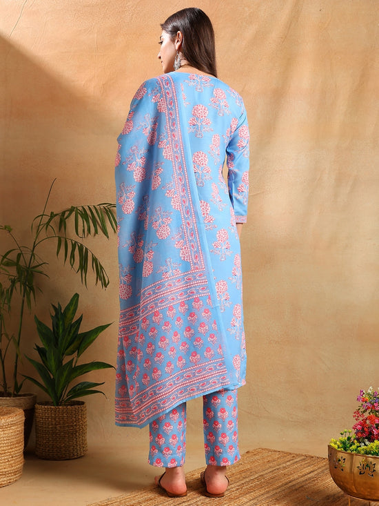 Ahika Women Blue Rayon Blend Floral Printed Straight Kurta Trousers With Dupatta-VKSKD2261