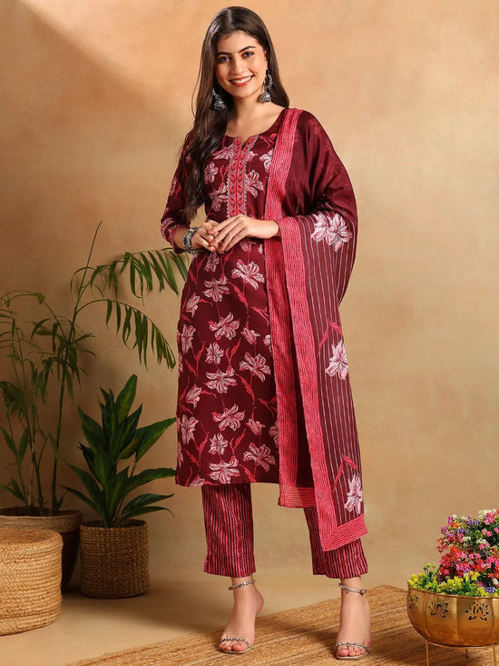 Ahika Women Maroon Rayon Blend Floral Printed Straight Kurta Trousers With Dupatta-VKSKD2266