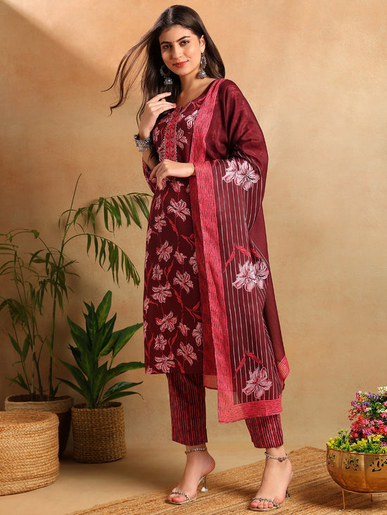 Ahika Women Maroon Rayon Blend Floral Printed Straight Kurta Trousers With Dupatta-VKSKD2266