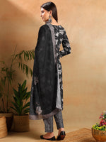 Ahika Women Black Rayon Blend Floral Printed Straight Kurta Trousers With Dupatta-VKSKD2267