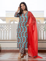 Ahika Women Turquoise Blue Rayon Blend Floral Printed Straight Kurta Trouser With Dupatta-VKSKD2280