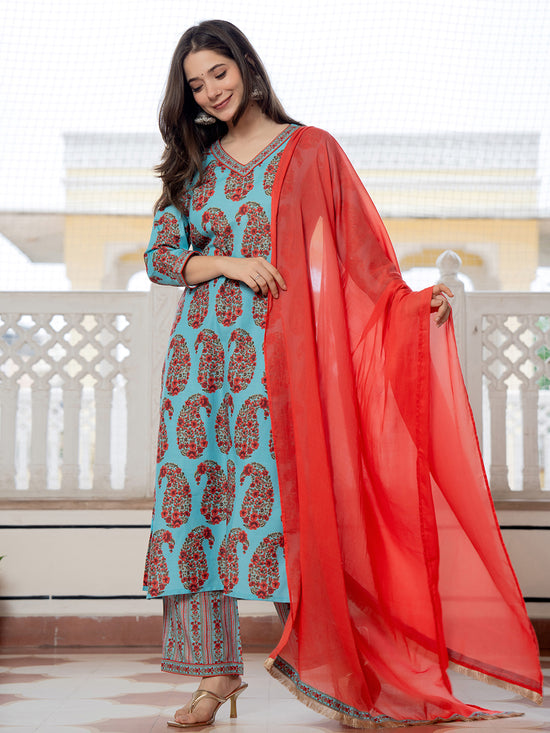 Ahika Women Turquoise Blue Rayon Blend Floral Printed Straight Kurta Trouser With Dupatta-VKSKD2280