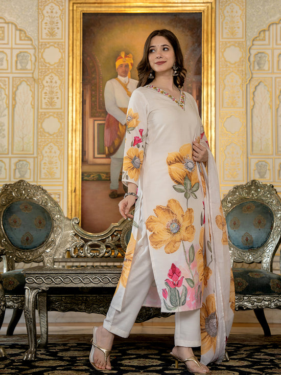 Ahika Women Off White Rayon Blend Floral Printed Straight Kurta Trouser With Dupatta-VKSKD2282