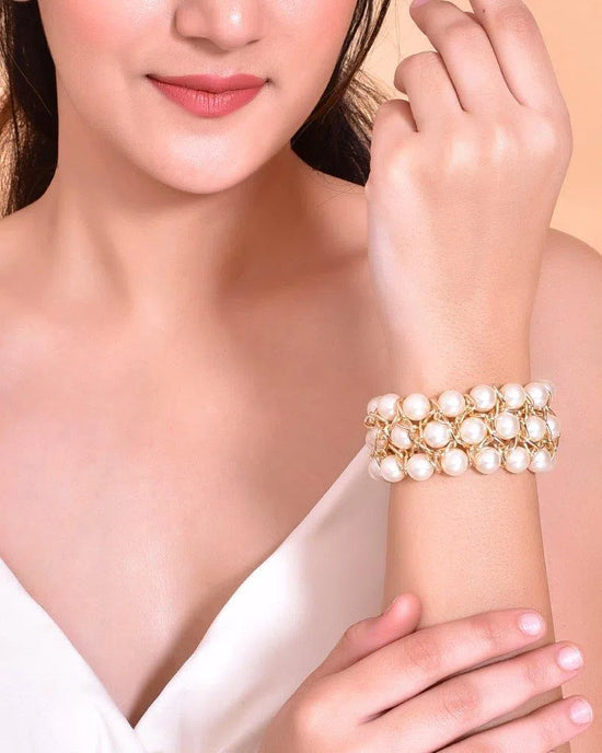 Women White and Gold Toned Perals Gold Plated Multi Strand Bracelet-VOJ082