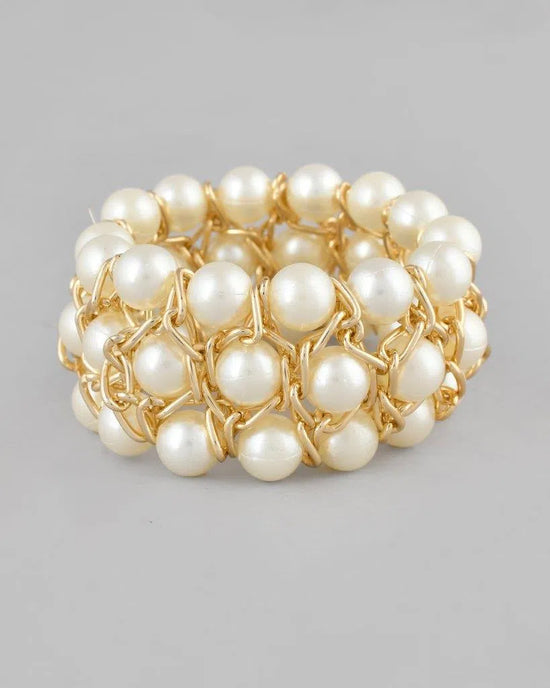 Women White and Gold Toned Perals Gold Plated Multi Strand Bracelet-VOJ082