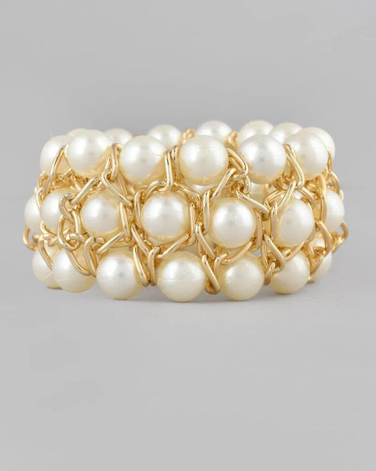 Women White and Gold Toned Perals Gold Plated Multi Strand Bracelet-VOJ082