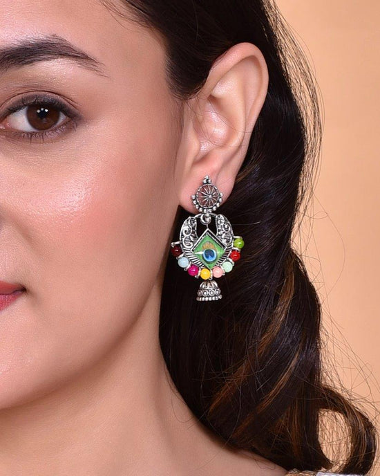 Silver Plated Peacock Contemporay Jhumka Earring-VOJ091