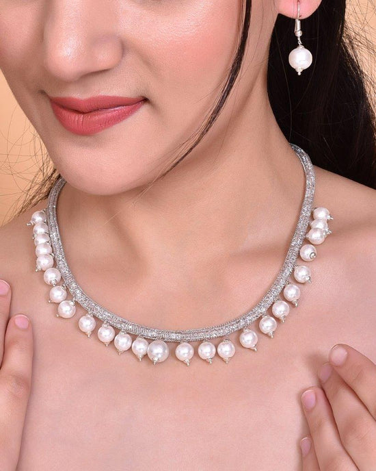 Silver Plated Pearls and AD-Studded Necklace & Earrings-VOJ092